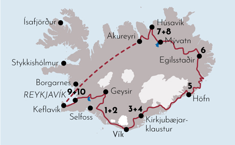 Karte zur Mietwagenrundreise Faszinierendes Island