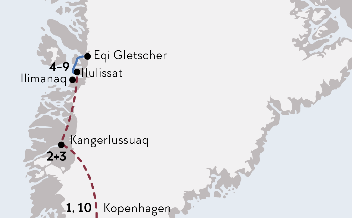 Karte zur Flugreise Grönlands majestätische Eisberge