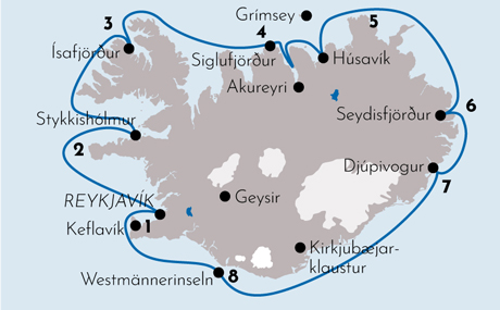 Karte Schiffsreise Island Umrundung