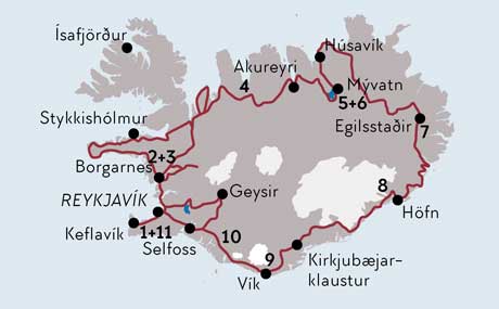 Karte zur Mietwagenrundreise Die Entdeckerreise in Island