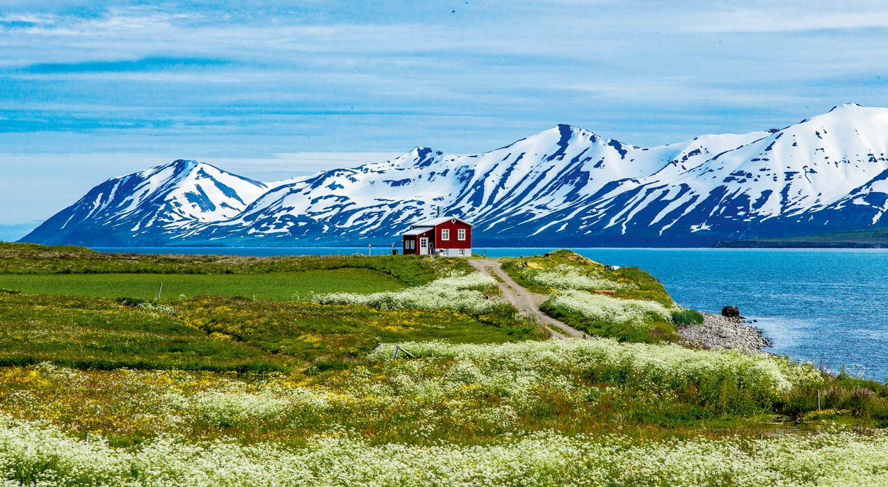 Einsames Ferienhaus in Island am Fjord.